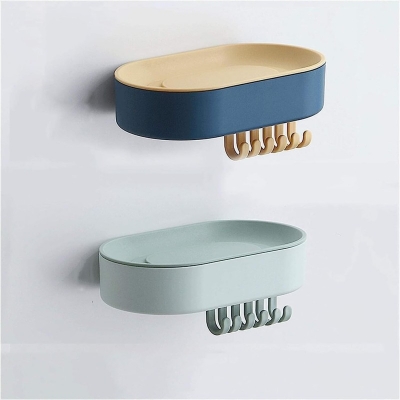 Picture of Multifunctional Wall Mounted Soap Box with Hooks for Bathroom and Kitchen Storage Waterproof Self Draining Soap Dish Holder No Drill Suction Cup Soap Tray Rack for Shower Sponge Scrubber Razor Holder-Multicolor