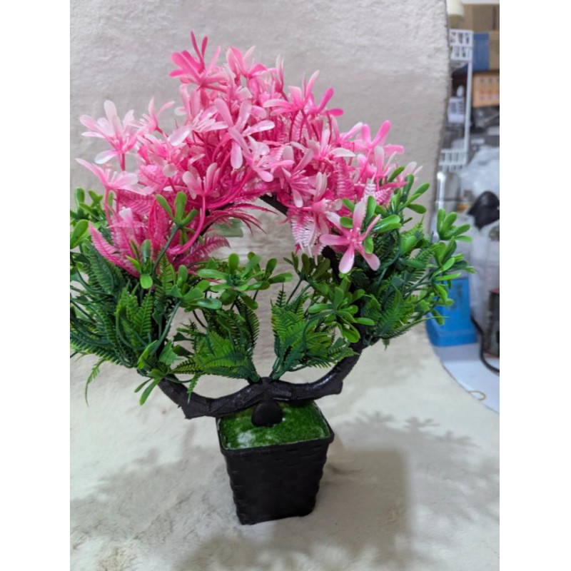 Picture of Artificial Pink Cherry Blossom Bonsai Tree in Black Pot for Indoor Home Office Tabletop Decorative Display-Multicolor