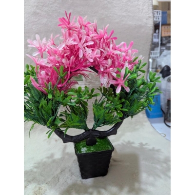 Picture of Artificial Pink Cherry Blossom Bonsai Tree in Black Pot for Indoor Home Office Tabletop Decorative Display-Multicolor