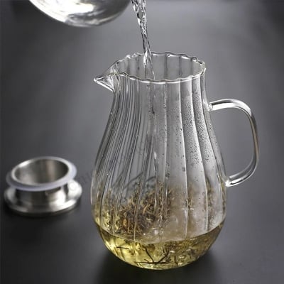 Picture of Stylish 1.8L Glass Carafe with Lid, Durable Borosilicate Body, Amber Striped Texture, Ideal for Cold Water, Juice, Milk, Iced Tea, DIY Drinks, Dishwasher Safe and Refrigerator Friendly-clear-white