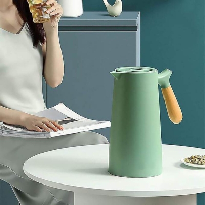 Picture of 1L Large Capacity Thermal Flask - Stainless Steel Construction with Solid Wood Handle, Glass Liner, Keeps Drinks Hot for 12-24 Hours, Perfect for Hydration on-the-Go-Multicolor