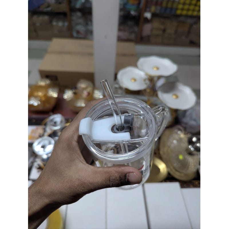 Picture of Premium Heat Resistant Borosilicate Square Glass Mug with Handle, Leakproof Lid, and Reusable Glass Straw – 400ml Stylish Printed Sipper Tumbler for Iced Coffee, Milk, Fresh Juice, and Daily Water Hydration Uses-Multicolor