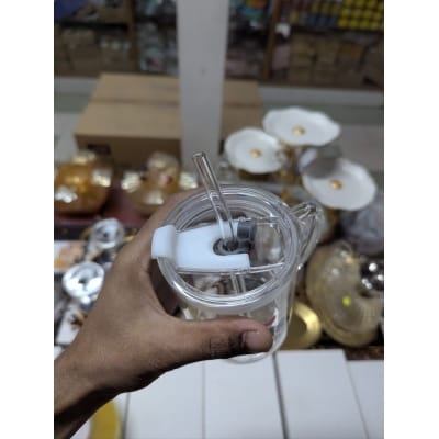 Picture of Premium Heat Resistant Borosilicate Square Glass Mug with Handle, Leakproof Lid, and Reusable Glass Straw – 400ml Stylish Printed Sipper Tumbler for Iced Coffee, Milk, Fresh Juice, and Daily Water Hydration Uses-Multicolor