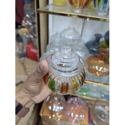 Picture of Set of 3 Multicolor Glass Storage Jars with Airtight Lids for Kitchen Countertop Organization Decorative Candy Dishes Ribbon Striped Clear Glass Canisters for Bulk Food Sugar Spices Flour and Snacks.-Multicolor