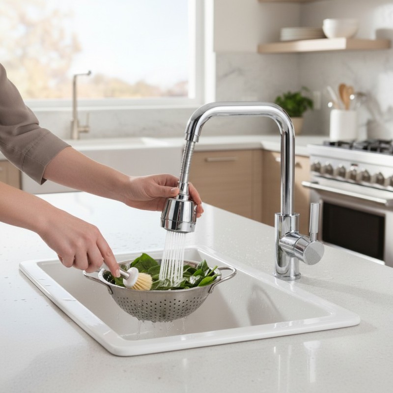 Picture of Universal 360 Degree Rotating Flexible Kitchen Faucet Aerator Extender with Dual Mode Spray Nozzle and Stainless Steel Hose Attachment for Water Saving Performance and Easy Sink Cleaning Access in Modern Homes.-Silver