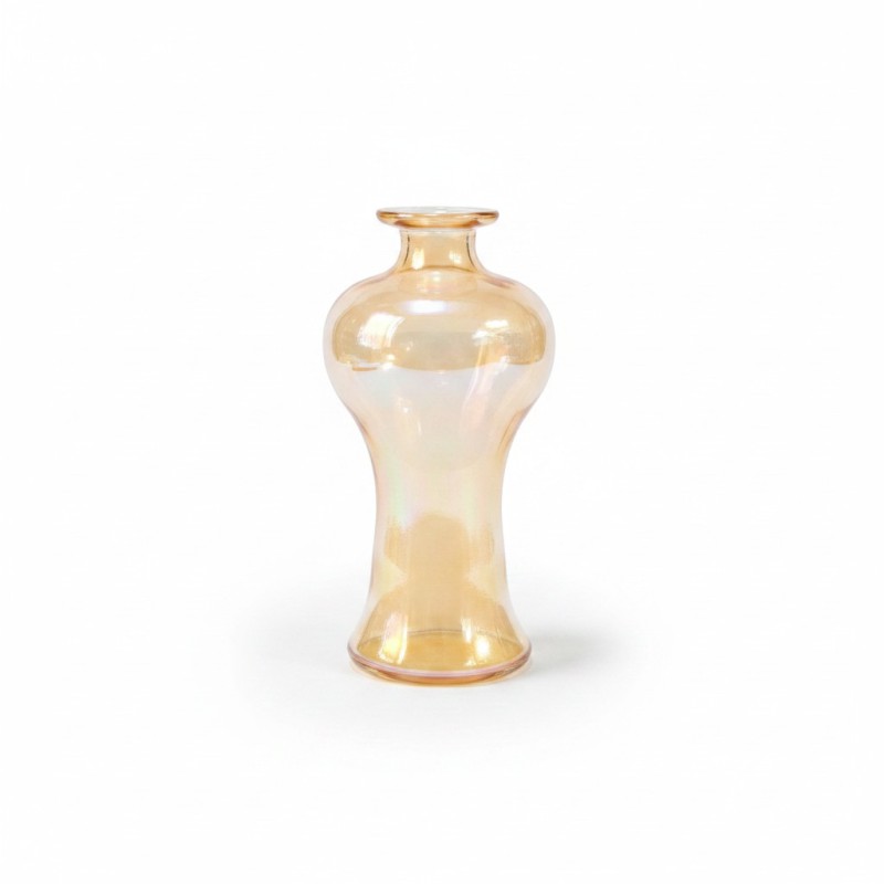 Picture of Modern Amber Iridescent Lustre Glass Vase for Home Decor Featuring a Stylish Curved Silhouette and Elegant Finish Perfect for Artificial Pink Peony Silk Flower Arrangements in Living Room or Office Tabletops.-Multicolor