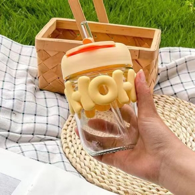 Picture of Glass Straw Cup, Portable Cute Straw Cup, Souvenir Straw Cup Drinking Cup Personalized Logo Letter Shaped blue-Purple