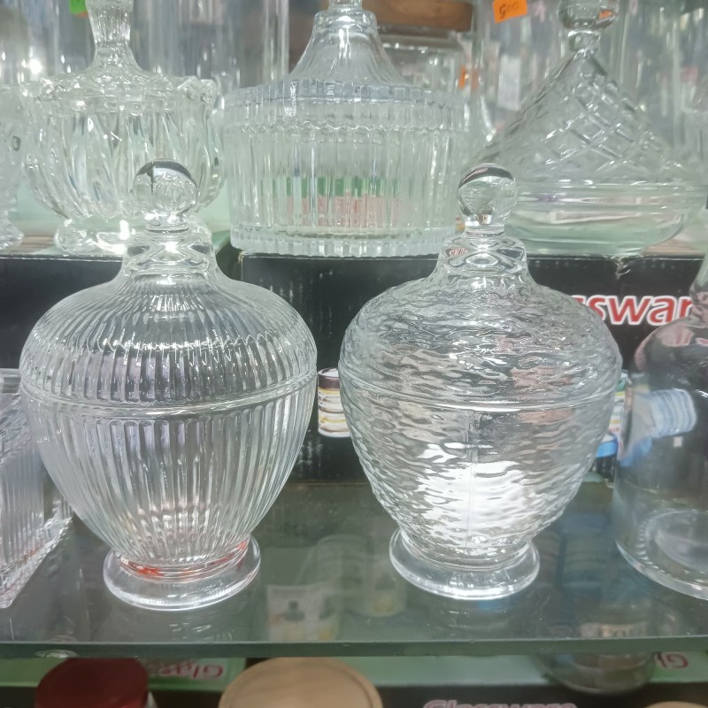 Picture of 1 pcs Crystal Glass Candy jar Bowl with Lid Glass Decorative Crystal Diamond Faceted Candy Bowl Jar Serving Candy Fruit Dry Fruits Snacks Pickle Dessert Gift line design-Multicolor