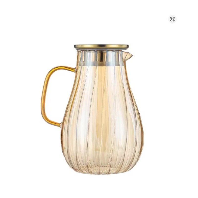 Picture of 1.8L Borosilicate Glass Carafe with Lid and Handle, Elegant Amber Striped Design, Heat-Resistant Water Jug for DIY Drinks, Juice, Tea, Milk, Refrigerator Safe, Easy-Clean Wide Mouth Pitcher-golden-golden