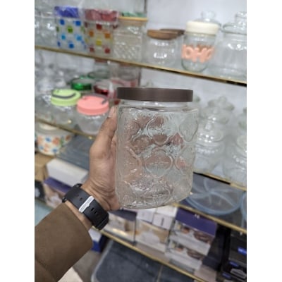 Picture of Premium Airtight Glass Cookie Jar with Decorative Brown Metal Lid for Kitchen Countertop Storage of Fresh Homemade Chocolate Chip Biscuits, Snacks, and Pantry Essentials with Retro Embossed Floral Pattern Style Design.-Multicolor