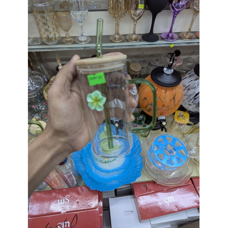 Picture of Borosilicate Square Glass Mug with Green Handle and Bamboo Lid for Iced Coffee Juice Milk Tea and Soda Glass Straw Tumbler with 3D Plumeria Flower Decoration for Stylish Home Gift.-Multicolor