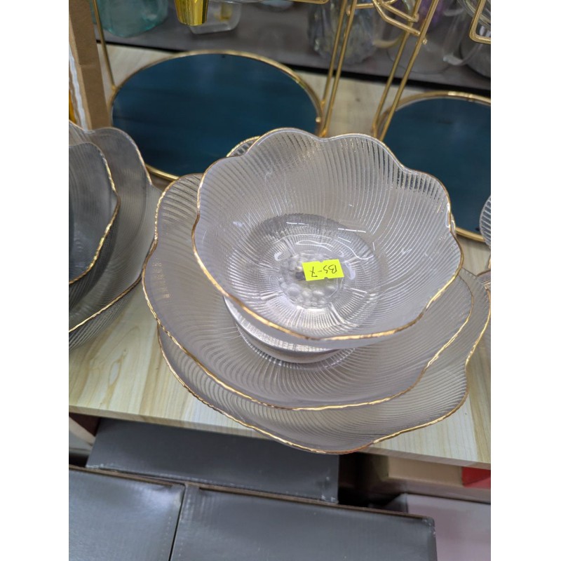 Picture of Premium Lotus Flower Shaped Glass Serving Bowl Set with Elegant Golden Rim; Luxurious Scalloped Textured Clear Glassware for Salad, Fruit, and Dessert Display, Ideal for Wedding Gifts and Modern Home Kitchen Deco-Multicolor