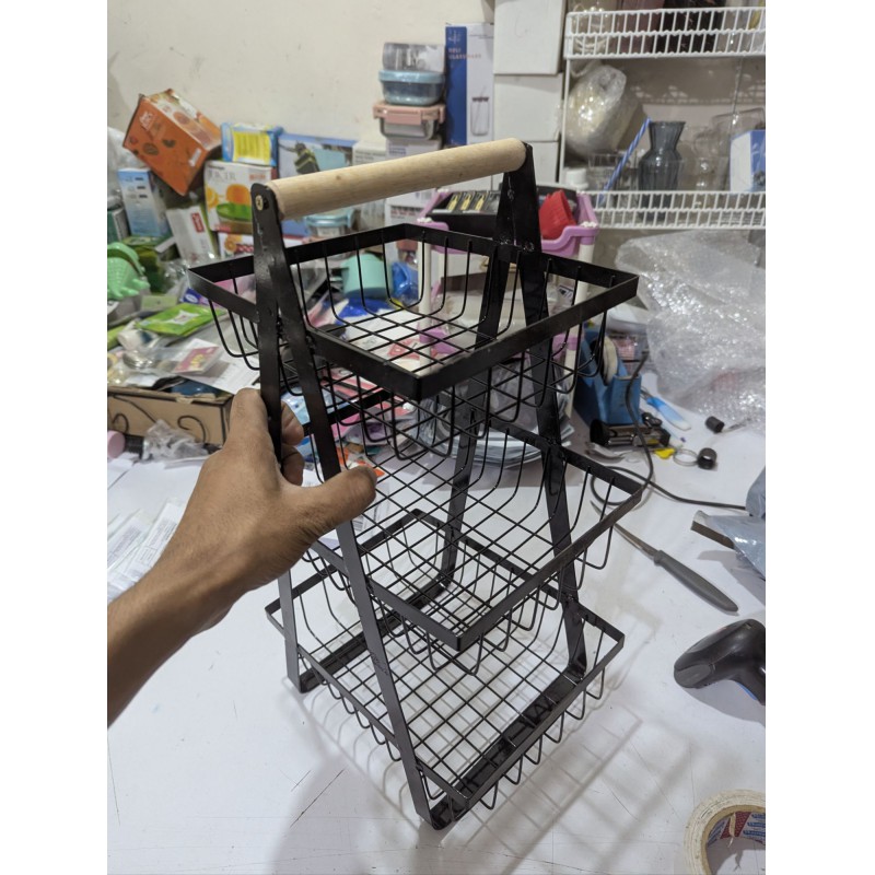 Picture of 3-Tier Black Metal Fruit Basket for Kitchen Countertop Storage with Portable Wooden Handle Sturdy Tiered Vegetable Rack Organizer Stand for Modern Home Pantry Bread Snacks and Fresh Produce Display Solution Black.-Black