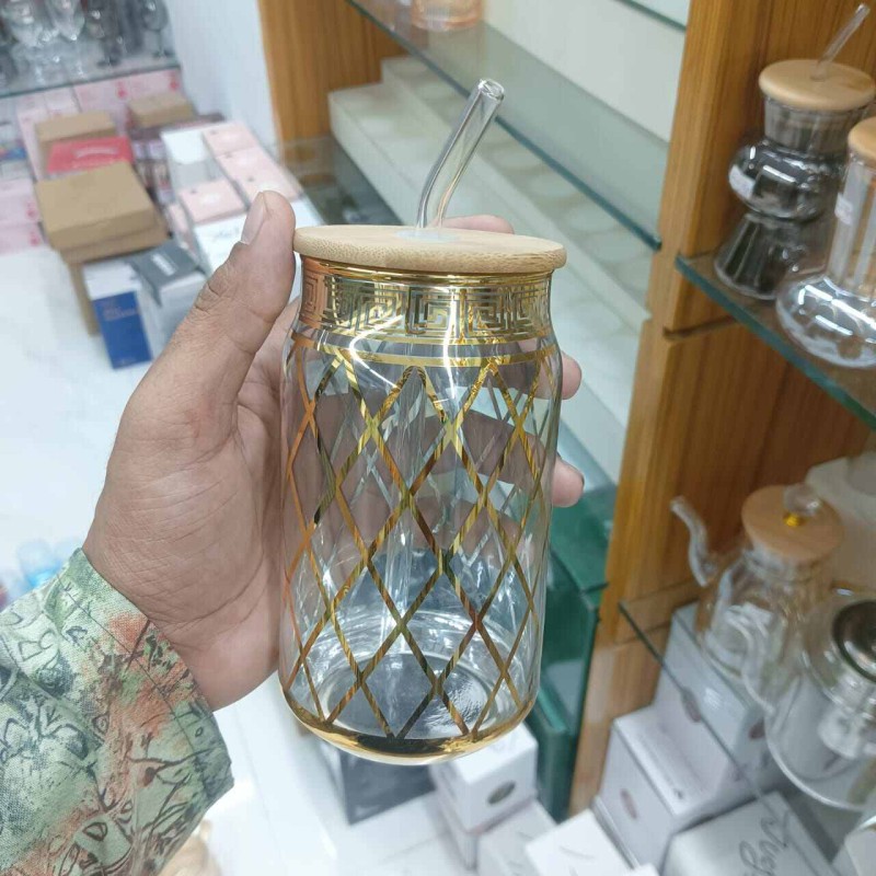 Picture of Modern Printed Can Shaped Glass – 1Pc 400ml Borosilicate Glass with Bamboo Lid & Glass Straw – Lightweight, Durable, Scratch Resistant & Microwave Safe – Perfect for Cold Beverages-Golden