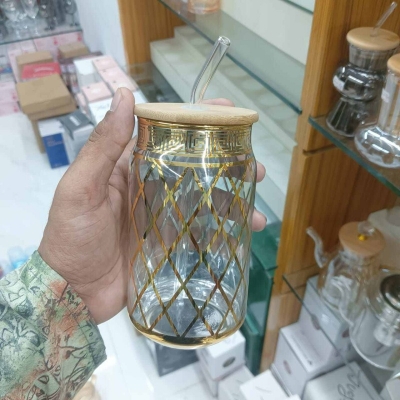 Picture of Modern Printed Can Shaped Glass – 1Pc 400ml Borosilicate Glass with Bamboo Lid & Glass Straw – Lightweight, Durable, Scratch Resistant & Microwave Safe – Perfect for Cold Beverages-Golden