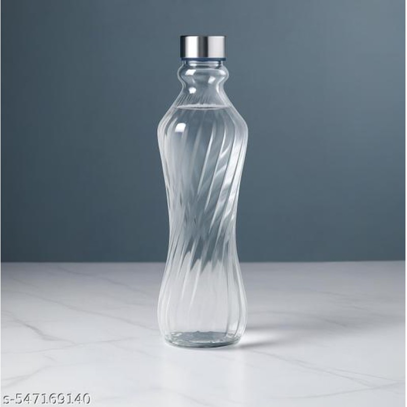 Picture of 1 Liter Transparent Twisted Glass Water Bottle with Silver Toned Round Cap – Elegant & Solid Design for Daily Hydration, Home & Office Use.-Multicolor
