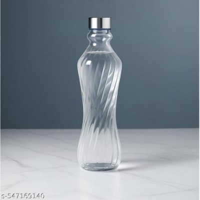 Picture of 1 Liter Transparent Twisted Glass Water Bottle with Silver Toned Round Cap – Elegant & Solid Design for Daily Hydration, Home & Office Use.-Multicolor