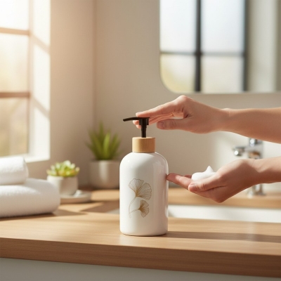 Picture of Elegant white ceramic soap dispenser featuring a luxury gold-toned ginkgo leaf design and a stylish wood-look top with a durable black pump perfect for enhancing your modern bathroom vanity or kitchen sink.-white