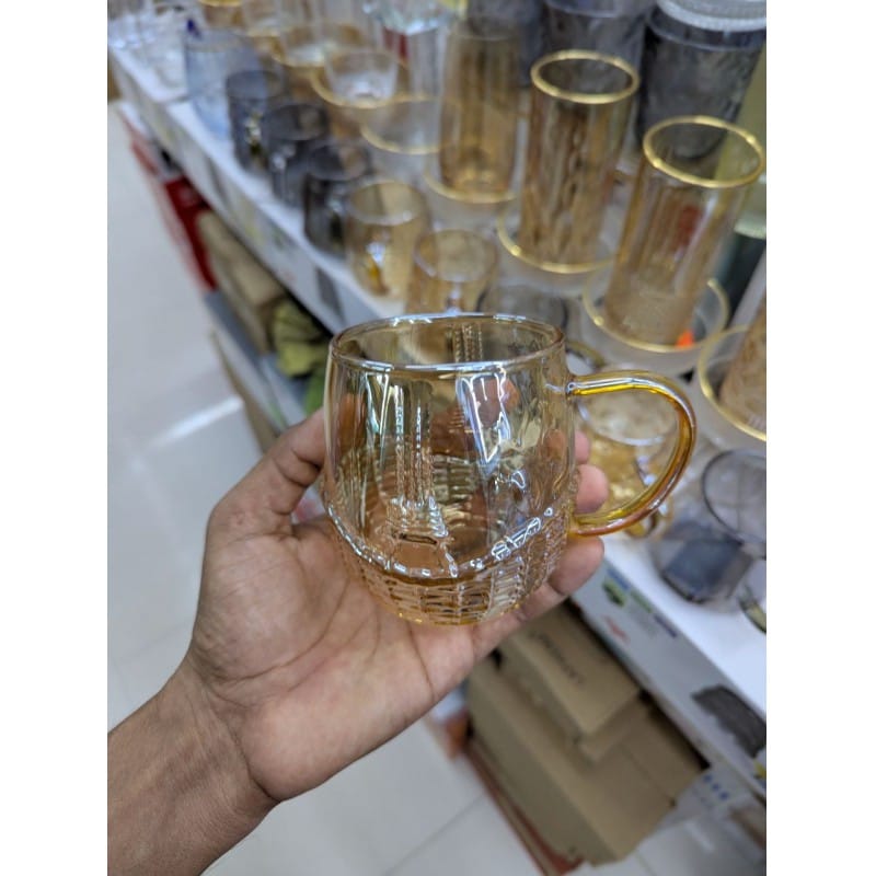 Picture of Premium Borosilicate Amber Glass Coffee Mug, Heat-Resistant, 400ml Capacity, European Style with Elegant Gold Handle & Eiffel Tower Graphic, Ideal for Hot & Cold Beverages, Tea, Juice, Milk-Gold