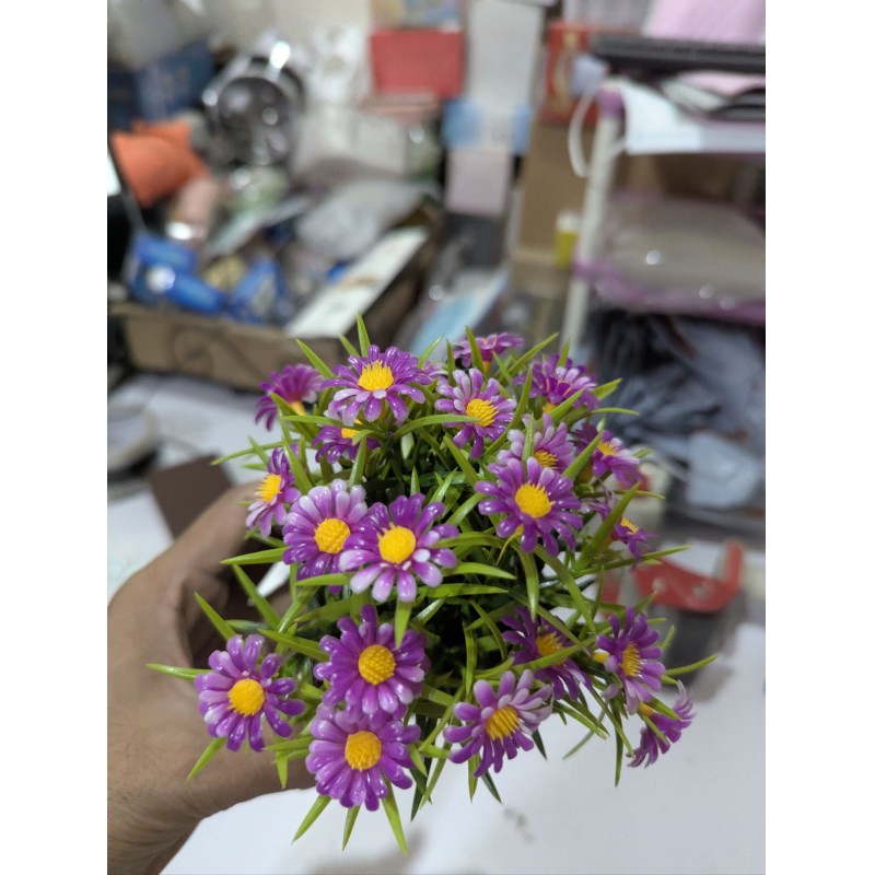 Picture of Artificial Purple Aster Daisy Potted Plants for Home Decoration Lifelike Indoor Fake Flowers with Black Plastic Pot Small Decorative Floral Arrangement for Office Desk Living Room Bedroom Shelf Aesthetic Decor.-Multicolor