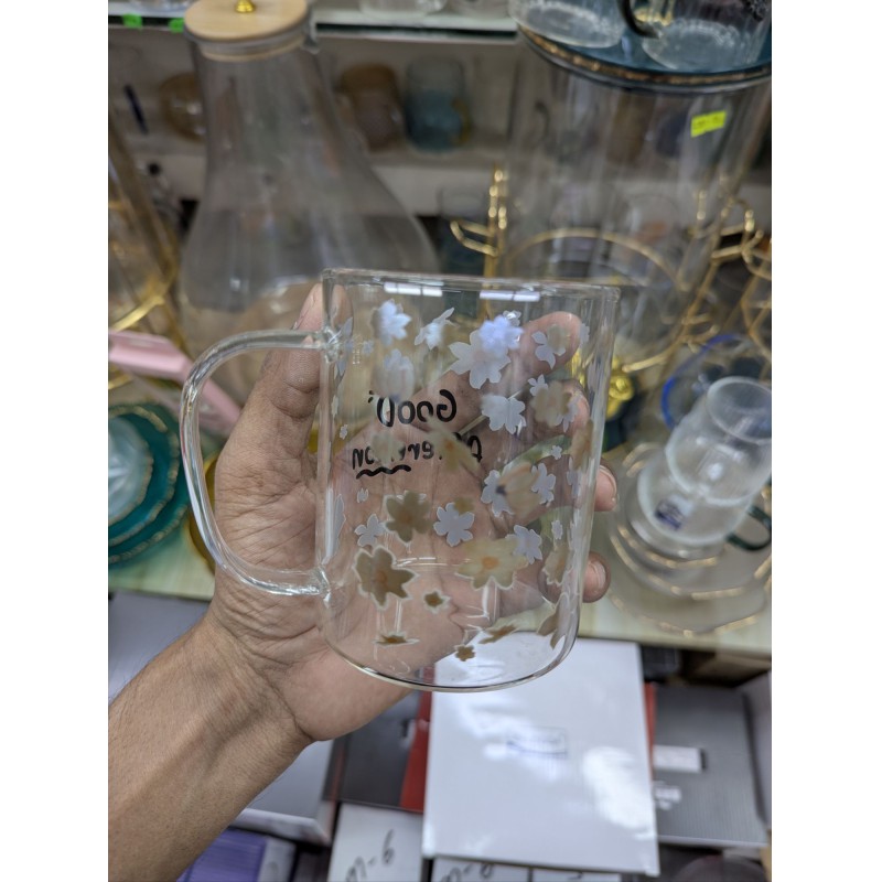 Picture of Premium Floral Borosilicate Glass Coffee Mug with Good Afternoon Print, Heat Resistant Tea Cup for Home and Office Use, Durable and Lightweight Glassware for Hot or Cold Drinks, Perfect Gift Idea.-Multicolor