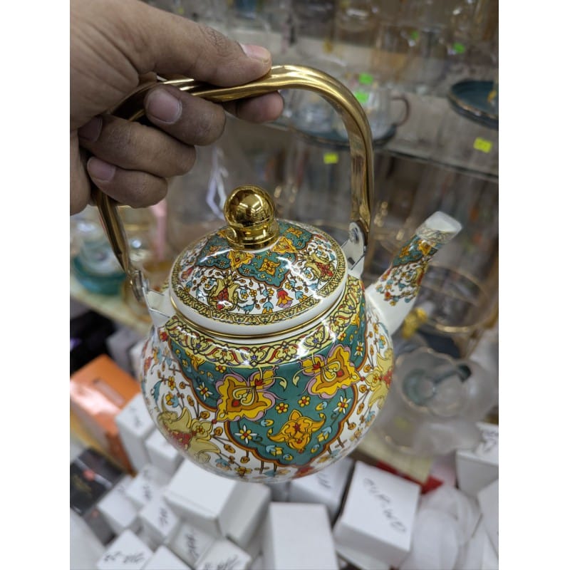 Picture of Premium Floral Enamel Tea Kettle with Vintage Gold Handle, 2.5L Capacity, Bohemian Style Porcelain on Steel Stovetop Teapot for Induction, Gas, Electric Stoves, Durable Non-Toxic Decorative Kitchenware for Modern Homes.-Multicolor