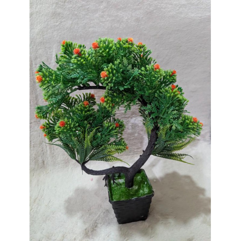 Picture of Artificial Pine Bonsai Tree in Woven Pot with Vibrant Orange Berries for Home Office Desktop and Shelf Decoration-Multicolor