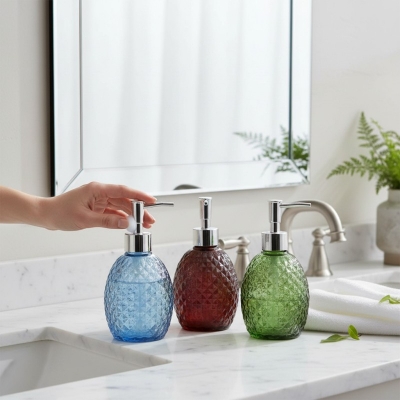 Picture of Elegant glass soap dispenser featuring a distinctive diamond-cut pineapple-textured pattern in multiple colors with a premium pump perfect for enhancing your bathroom vanity decor or modern kitchen sink countertop with style today.-Multicolor