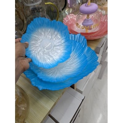 Picture of Premium Sky Blue Floral Shaped Glass Serving Bowl Set of 3 Elegant Decorative Fruit Plates and Dessert Dishes for Modern Home Decor, Festive Dining, Luxury Weddings, and Stylish Table Centerpiece Gift Item.-Multicolor