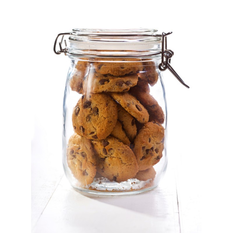 Picture of Premium airtight glass cookie jar with secure stainless steel locking clamp and yellow silicone gasket seal perfect for keeping homemade chocolate chip cookies crunchy fresh and delicious for much longer periods.-Multicolor