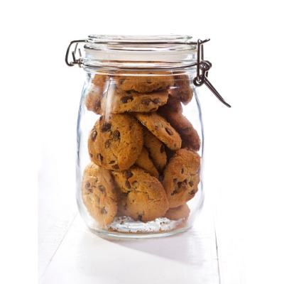 Picture of Premium airtight glass cookie jar with secure stainless steel locking clamp and yellow silicone gasket seal perfect for keeping homemade chocolate chip cookies crunchy fresh and delicious for much longer periods.-Multicolor