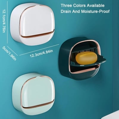 Picture of Luxury Wall Mounted Flip Top Soap Dish Holder with Lid Waterproof Dustproof Punch Free Adhesive Installation Soap Box for Bathroom Kitchen Sink Modern Durable Plastic Soap Storage Case with Drainage Tray Green.-Multicolor