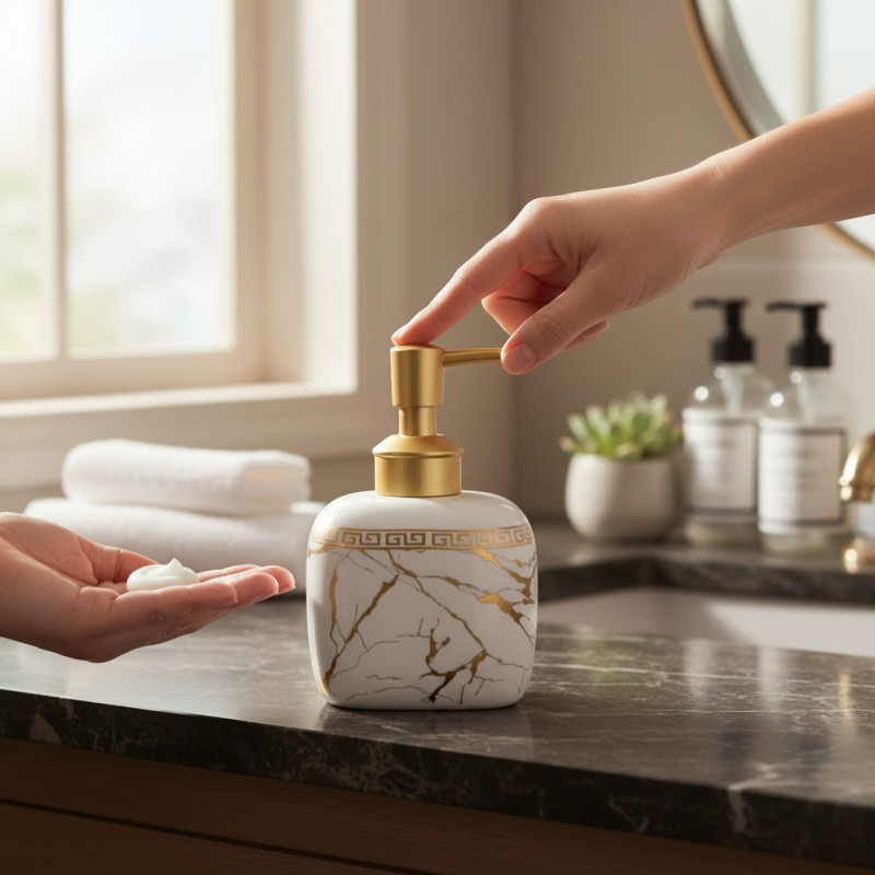 Picture of Luxury white marble ceramic soap dispenser featuring a stunning gold Greek key pattern around the neck and a premium gold pump perfect for enhancing your sophisticated bathroom vanity or modern kitchen decor.-white