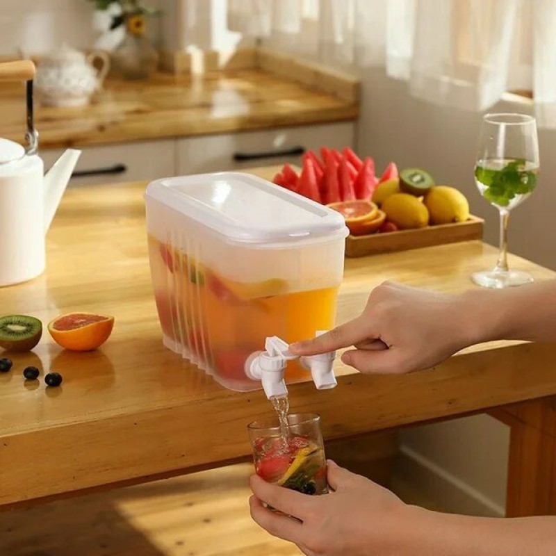 Picture of 3.5l Drinks Dispenser with 2 Tap, Juice Dispenser Fridge Water Dispenser, 2 Grids Juice Container Plastic Milk Bottle Dispenser for Making Teas and Juices-White