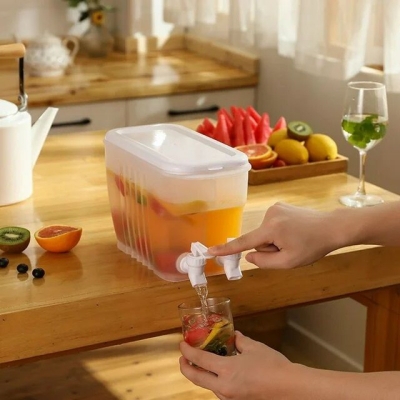 Picture of 3.5l Drinks Dispenser with 2 Tap, Juice Dispenser Fridge Water Dispenser, 2 Grids Juice Container Plastic Milk Bottle Dispenser for Making Teas and Juices-White