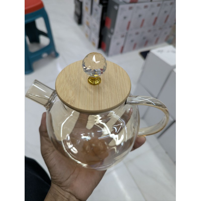 Picture of Premium Heat Resistant Borosilicate Glass Teapot with Natural Bamboo Lid, Crystal Top Knob, and Removable Spout Filter - 1000ml Large Capacity Stovetop Safe Clear Tea Kettle for Loose Leaf and Blooming Tea-Gold