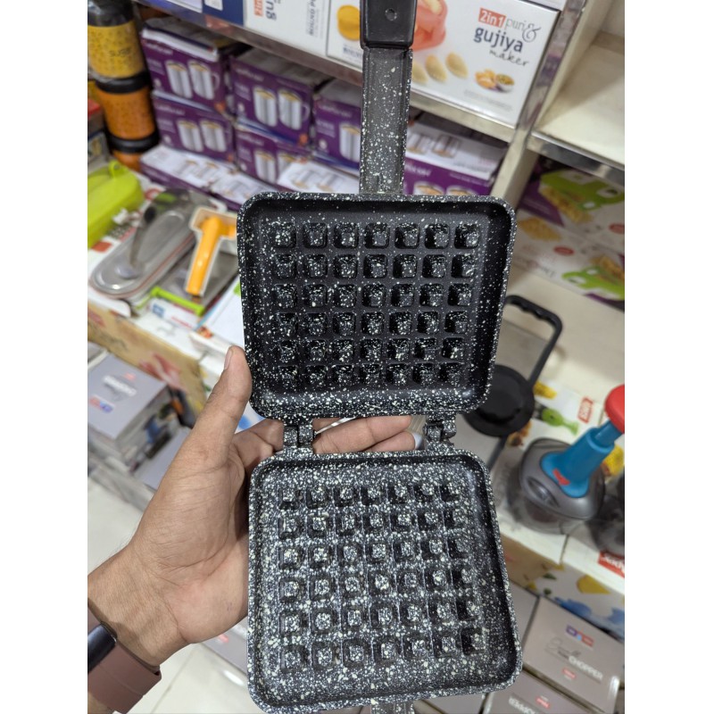 Picture of Non-Stick Stovetop Waffle Maker Iron Dual Head Cast Aluminum Square Belgian Baking Pan Toaster Over Gas Flame-Black