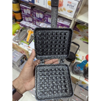 Picture of Non-Stick Stovetop Waffle Maker Iron Dual Head Cast Aluminum Square Belgian Baking Pan Toaster Over Gas Flame-Black