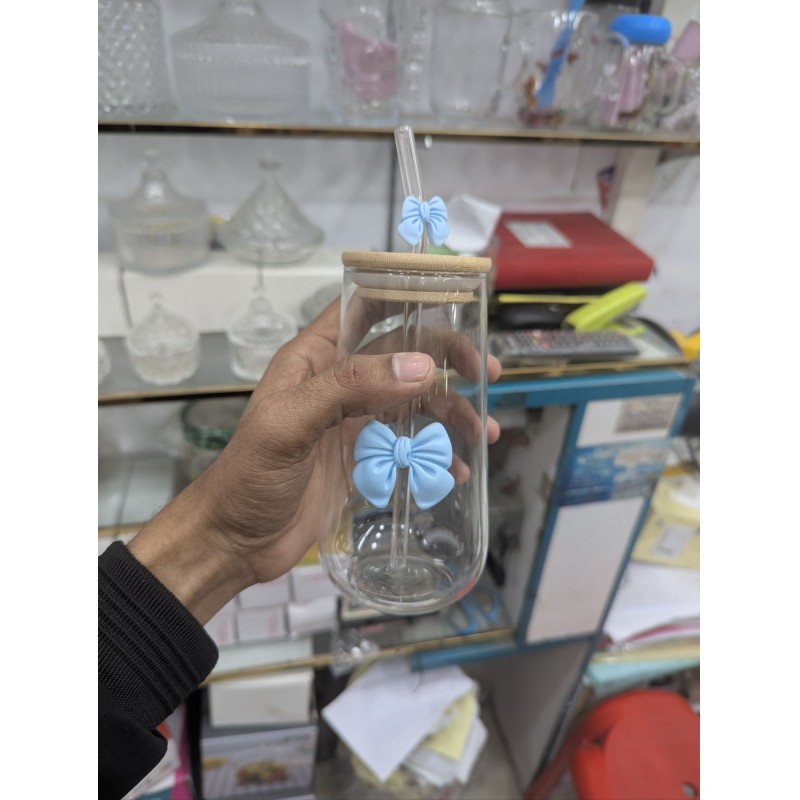 Picture of Multicolor Bow Glass Cup with Bamboo Lid and Glass Straw 500ml Aesthetic Pookie Tumbler Set for Iced Coffee Smoothie Juice Milk and Tea Perfect Gift for Girls and Stylish Home Decor Accessories.-Multicolor