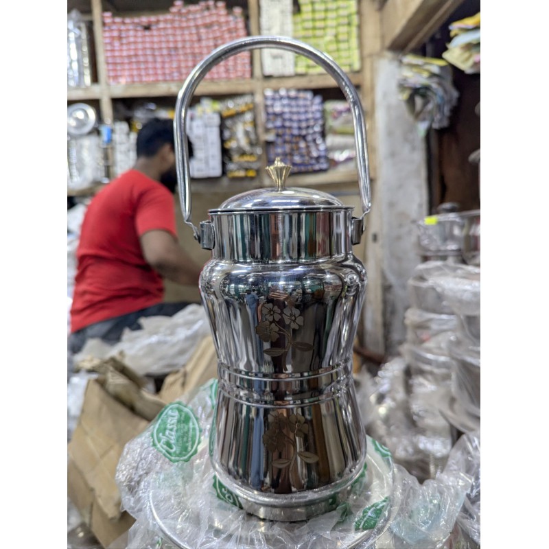 Picture of Premium Mirror Finish Stainless Steel Milk Pot Barni with Aesthetic Floral Laser Print and Elegant Brass Knob Lid, Heavy Duty 202 Stainless Steel Milk Container for Fresh Milk Storage and Transport.-Multicolor