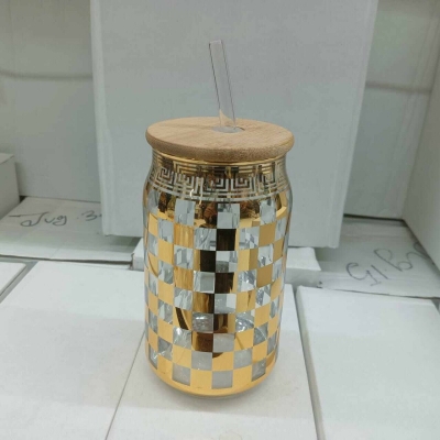 Picture of Durable & Stylish Glass Tumbler – 1Pc 400ml Can Shaped Borosilicate Glass with Printed Body, Bamboo Lid & Glass Straw – Lightweight, Scratch Resistant & Microwave Safe-Golden