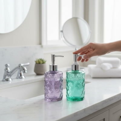 Picture of Elegant glass soap dispenser featuring a geometric diamond design in multiple colors with a premium silver-toned pump perfect for enhancing your bathroom vanity decor or modern kitchen sink countertop with style today.-Multicolor