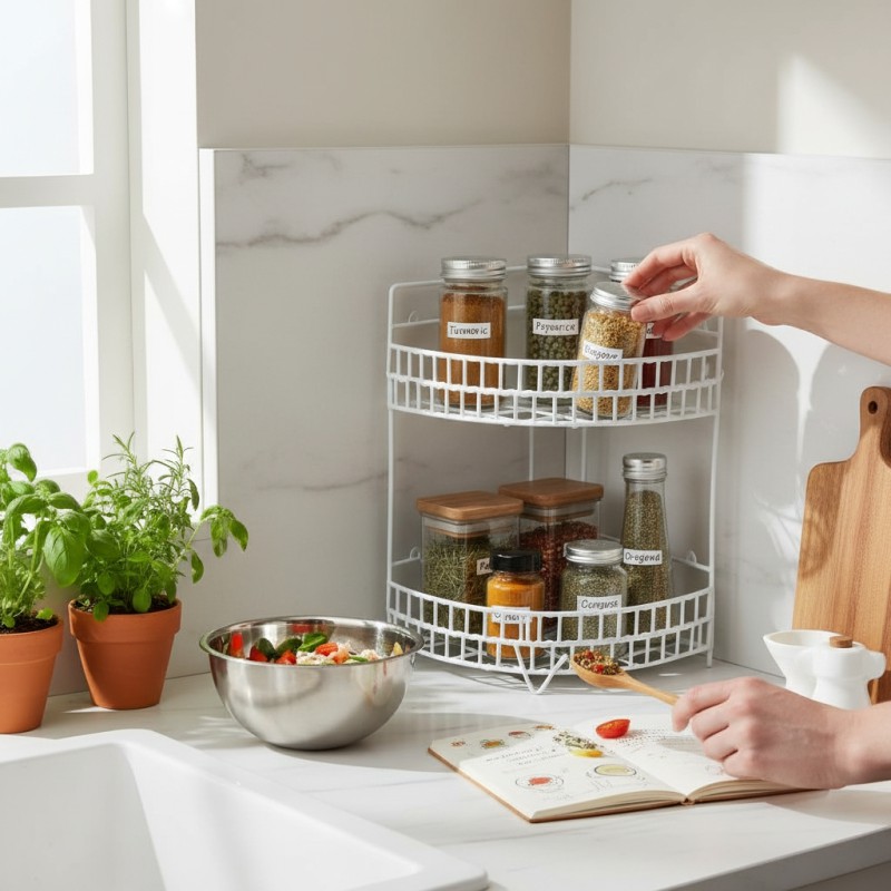 Picture of Durable 2-Tier Metal Corner Shelf for Kitchen & Bathroom-White