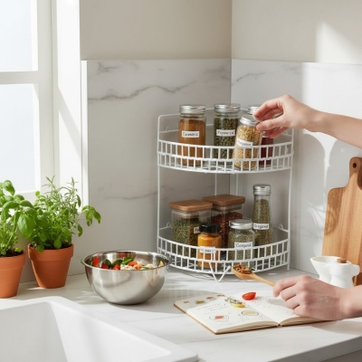 Picture of Durable 2-Tier Metal Corner Shelf for Kitchen & Bathroom-White