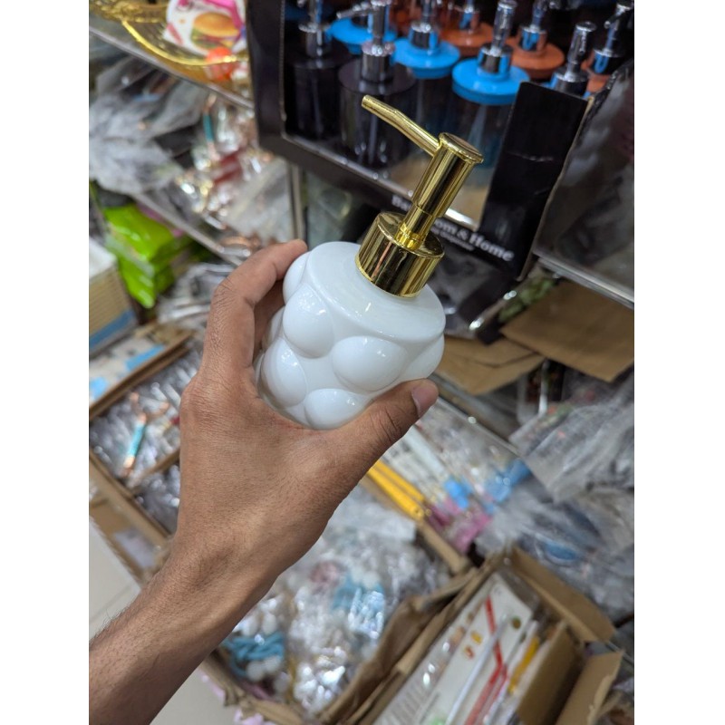 Picture of Modern Luxury White Bubble Ceramic Liquid Soap Dispenser with Elegant Gold Pump for Bathroom and Kitchen Decor, Refillable 300ml Stylish Hand Wash and Lotion Bottle for Premium Interior Aesthetics and Hygiene.-White