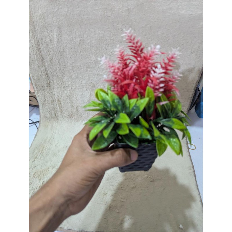 Picture of Artificial Mini Potted Plant with Pink and White Flowers in Black Woven Pot for Home and Office Decor-Multicolor