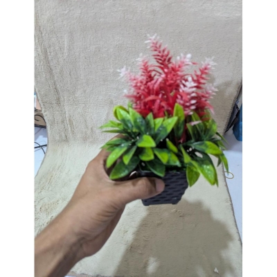 Picture of Artificial Mini Potted Plant with Pink and White Flowers in Black Woven Pot for Home and Office Decor-Multicolor