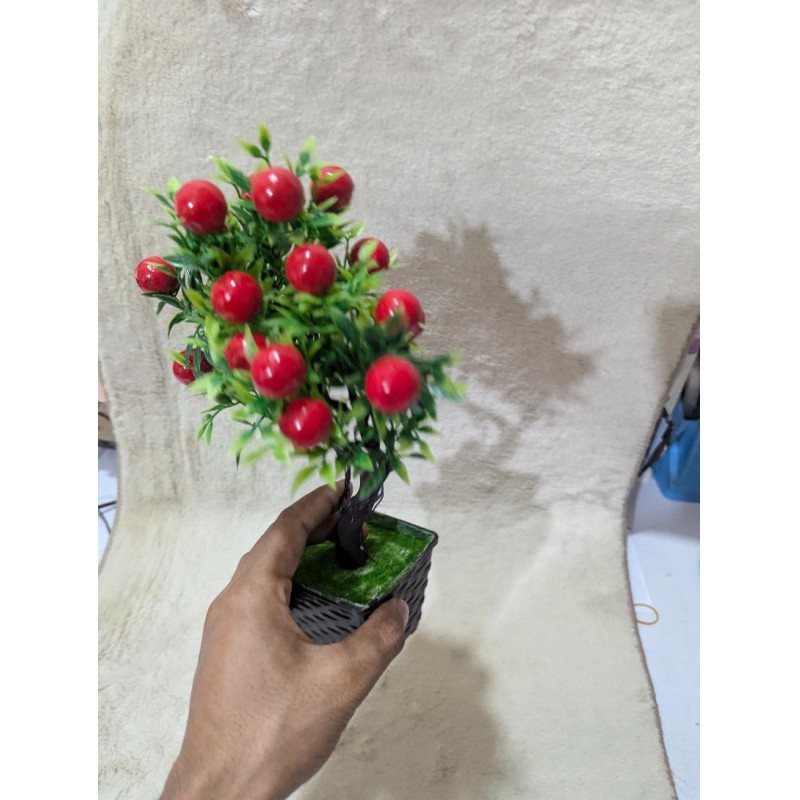 Picture of Decorative Artificial Potted Bonsai Fruit Tree with Realistic Red Apples and Green Foliage for Home and Office Tabletop Decor-Multicolor