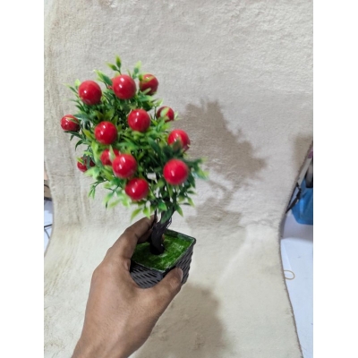 Picture of Decorative Artificial Potted Bonsai Fruit Tree with Realistic Red Apples and Green Foliage for Home and Office Tabletop Decor-Multicolor