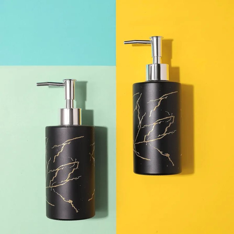 Picture of Glass Soap Dispenser Pump Bottle Press Design Refillable Lotion and Shampoo Container for Bathroom and Kitchen Marble Pattern Hand Soap Dispenser Easy to Fill and Operate 320 ml black-Black